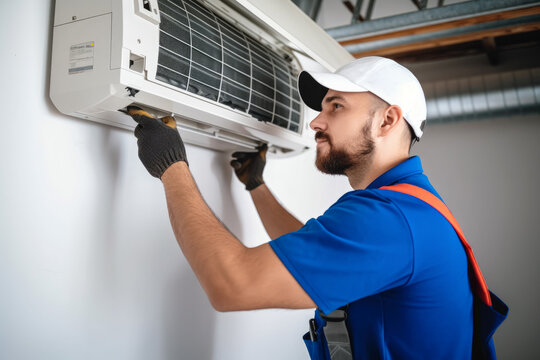 HVAC technician installing a mini split air conditioner in Cupertino