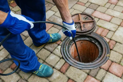 Plumber cleaning an outdoor sewer drain in Cupertino