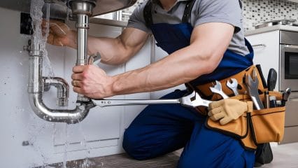 Plumber repairing pipes beneath a sink in Cupertino